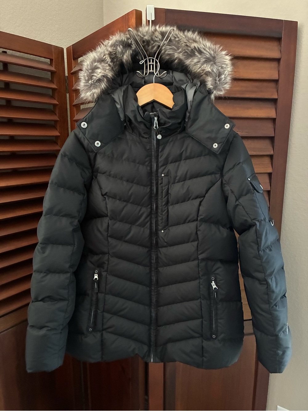 Eddie Bauer Black Puffer Coat with Faux Fur Hood